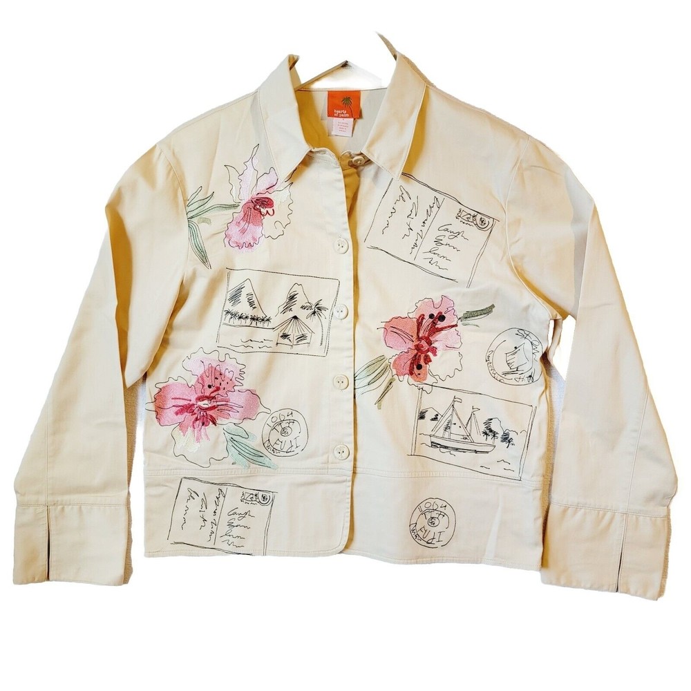 Hearts Of Palm Embroidered Stitch Post Card Brushed Pattern Button Jacket Sz 6
